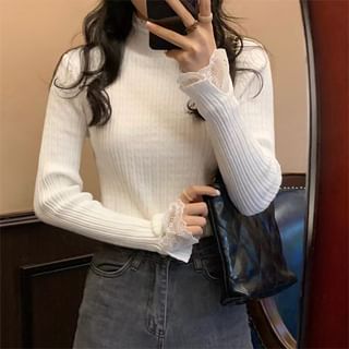 Ribbed Mock Neck Lace Trim Knit Sweater