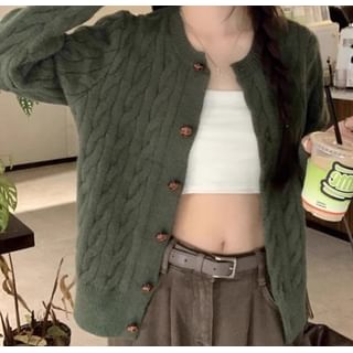 Round Neck Cable Knit Cardigan with Wide Leg Jeans