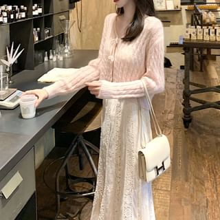 V-Neck Solid Cable Knit Tie Front Cardigan Set with Fishtail Skirt