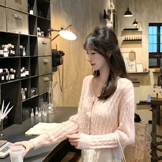 V-Neck Solid Cable Knit Tie Front Cardigan Set with Fishtail Skirt