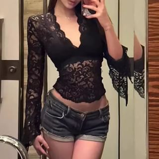 Flared Sleeve Lace Cropped V-Neck Blouse