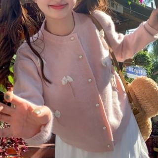 Round Neck Bowknot Detail Button Cardigan