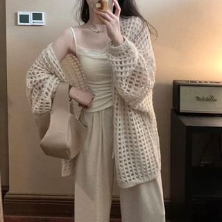 Open Front Perforated Plain Cardigan