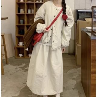 Button-Up Jacket with A-Line Midi Skirt - Crew Neck