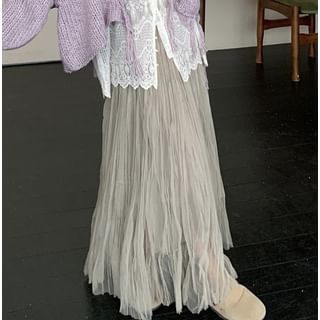 Fringed Henley Sweater with Lace Blouse and Crinkle Skirt