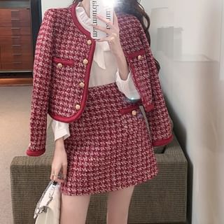 Houndstooth Tweed Jacket and Mini A-Line Skirt Set