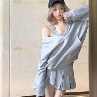 Oversized Hoodie with Pleated Mini Skirt and Tank Combo