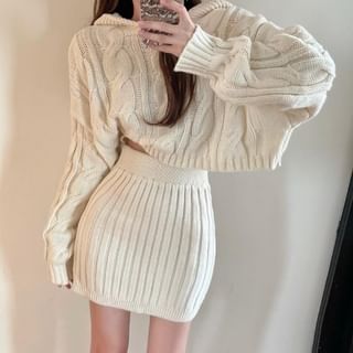 Cable Knit Hooded Sweater and Ribbed Mini Skirt Set