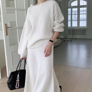 Round Neck Oversized Sweater and Midi A-Line Skirt Set