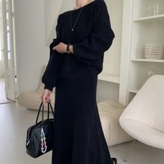 Round Neck Oversized Sweater and Midi A-Line Skirt Set