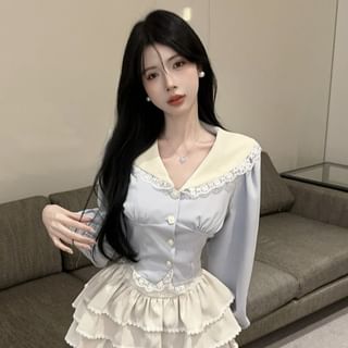 Contrast Collar Blouse with Lace Trim and Tiered Skirt