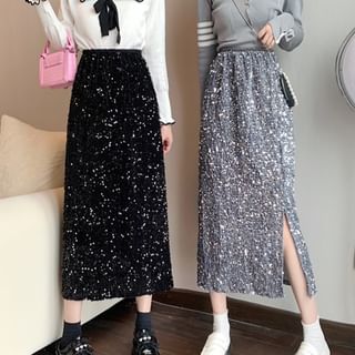 Sequin Side-Slit Midi Pencil Skirt with High Waist
