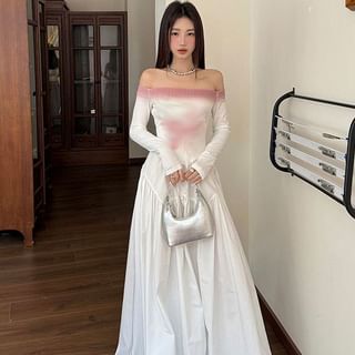 Off-Shoulder Tie Dye Long-Sleeved A-Line Maxi Dress