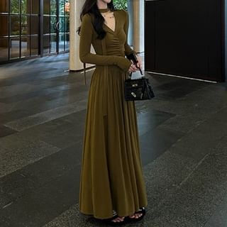 Ruched V-Neck Long Sleeve A-Line Maxi Dress