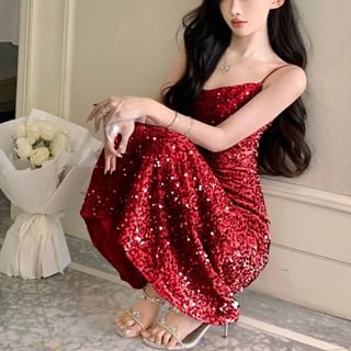 Cowl Neck Sequin Maxi A-Line Dress - Thin Strap