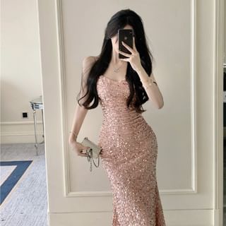 Cowl Neck Sequin Maxi A-Line Dress - Thin Strap