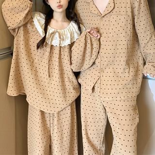 Couple Matching Dotted Pajama Shirt / Long-Sleeve Lace Trim Top / Pants / Set
