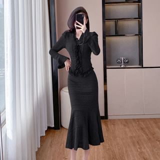 Long Sleeve V-Neck Ruffled Blouse with High Waist Mermaid Midi Skirt Set