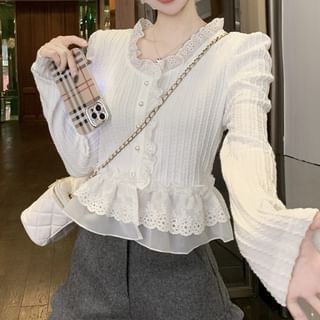 V-Neck Long-Sleeve Ruffle Lace-Trim Peplum Tee