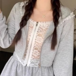 Frill-Trimmed Lace Zip Hoodie and High-Waisted Mini Skirt Set