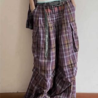 Low Rise Plaid Wide Leg Cargo Pants