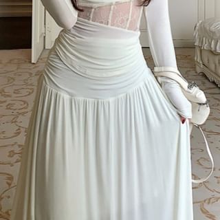 Off-Shoulder Lace Panel Crop Top & Ruched Maxi Skirt