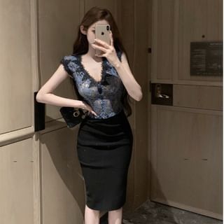 Sleeveless Lace V-Neck Top & Pencil Skirt
