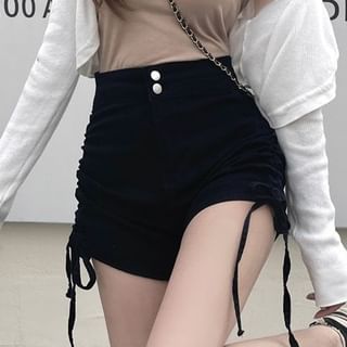 High Waist Drawstring Ruched Denim Hot Pants