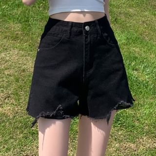 High Waist Washed Frayed Distressed Denim Wide Leg Shorts