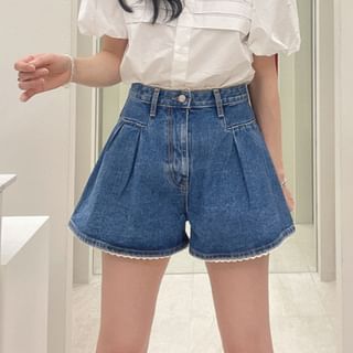 High Waist Lace Trim Denim Shorts