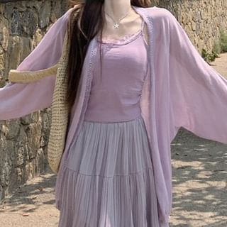 Lace Cami Top with Midi Skirt and Cardigan Set