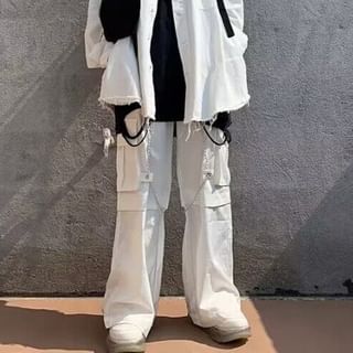 High Waist Plain Baggy Cargo Pants / Chain / Set