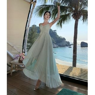Asymmetrical A-Line Maxi Dress - V-Neck Spaghetti Strap
