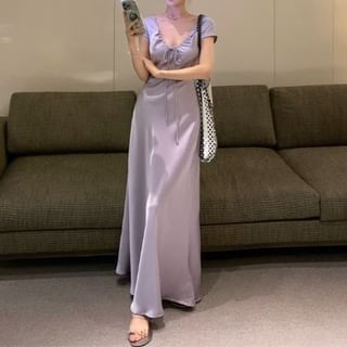 V-Neck Tie Front Satin Short-Sleeve A-Line Maxi Dress