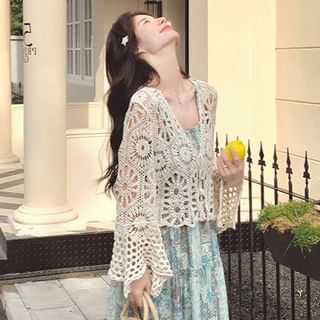 V-Neck Tie Front Crochet Knit Crop Cardigan