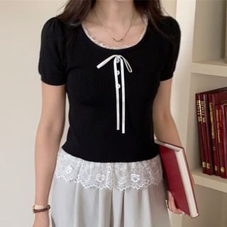 Short Sleeve Lace Trim U Neck Top