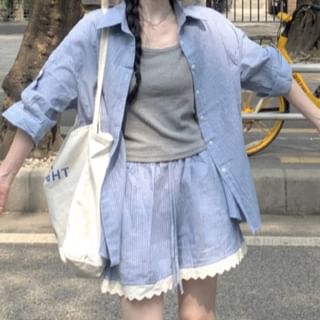 Long Sleeve Lace Trim Shirt and Shorts Set