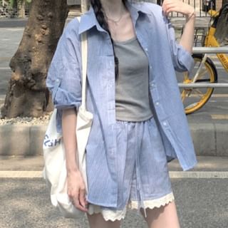 Long Sleeve Lace Trim Shirt and Shorts Set
