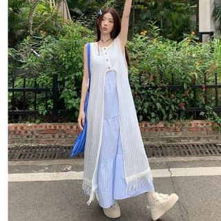 Spaghetti Strap Striped Tiered Midi A-Line Dress / Round Neck Fringed Button Vest