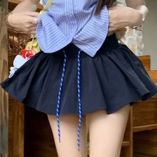 Collared Striped Lace Up Shirt and Mini A-Line Skirt