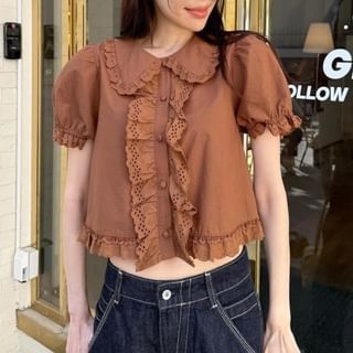 Puff Sleeve Lace Trim Peter Pan Collar Crop Blouse
