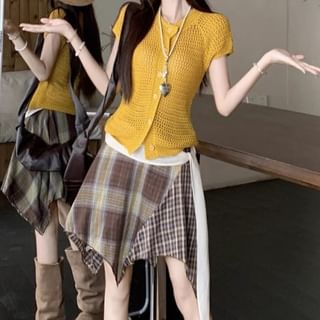 Short Sleeve Perforated Crop Cardigan / Plaid Mini A-Line Skirt