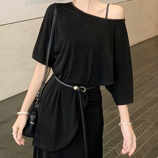 Elbow-Sleeve Off-Shoulder Plain Asymmetrical Sheer Tee / Spaghetti Strap V-Neck Maxi A-Line Dress / Belt / Set