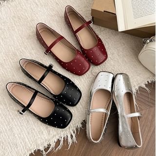 Square Toe Studded Faux Leather Mary Jane Flats