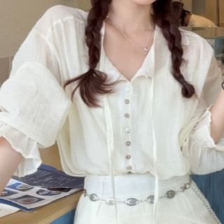 Tie Neck Blouse & Lace Trim Mini Skirt Set