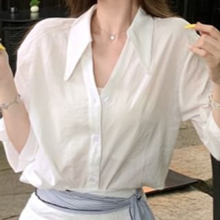 3/4 Sleeve V-Neck Blouse & Maxi Skirt Set - High Rise