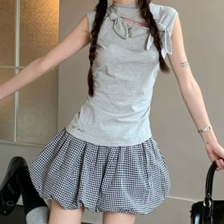 Mock Neck Cutout Top & Plaid Pleated Mini Skirt Set
