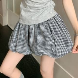Mock Neck Cutout Top & Plaid Pleated Mini Skirt Set