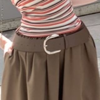 Striped Fitted Tube Top with Midi A-Line Skirt and Belt