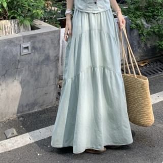 Denim Contrast Button Tank with Tiered Maxi Skirt